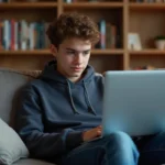 Jeune adolescent français regardant un ordinateur à la maison