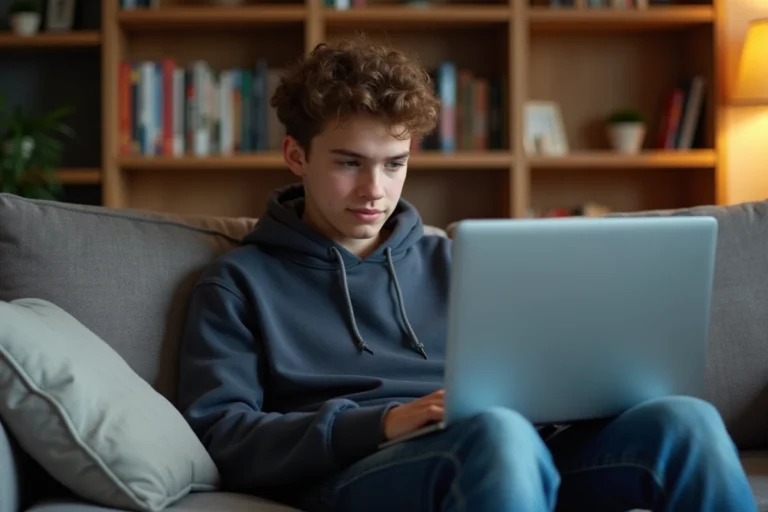 Jeune adolescent français regardant un ordinateur à la maison