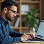 Homme utilisant l'application bancaire Société Générale sur un ordinateur portable pour ajouter un bénéficiaire