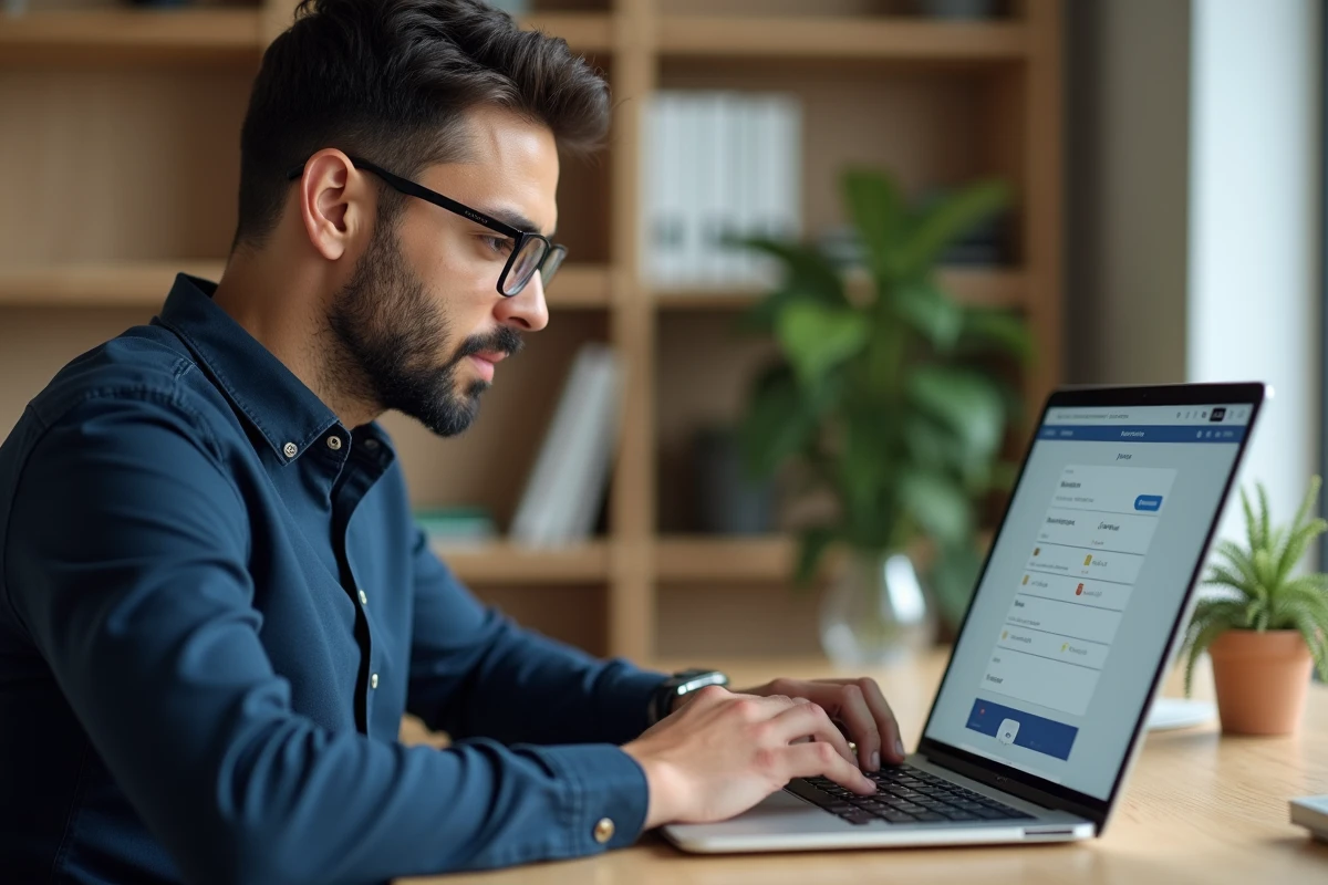 Homme utilisant l'application bancaire Société Générale sur un ordinateur portable pour ajouter un bénéficiaire