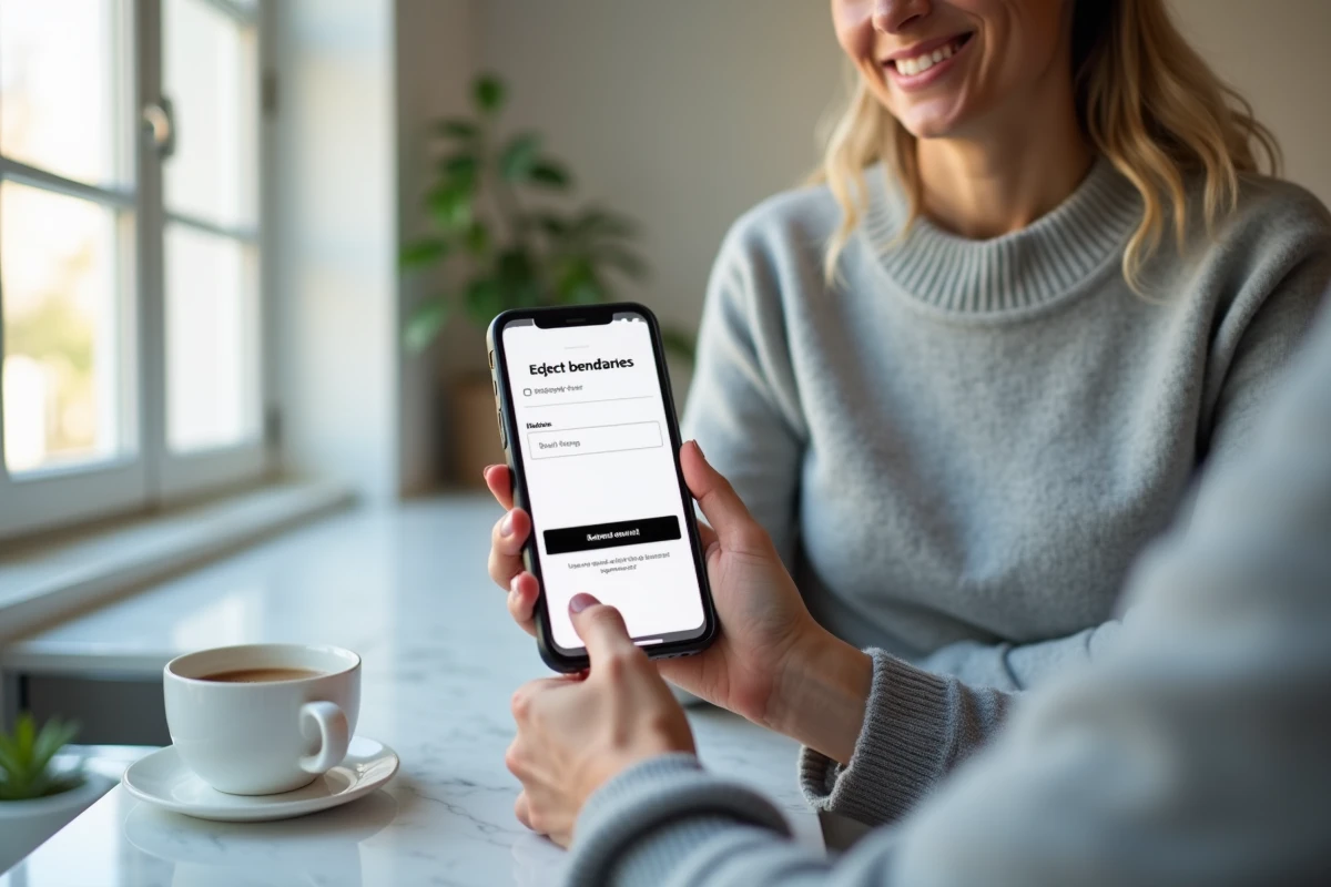Femme ajoutant un bénéficiaire sur l'application mobile Société Générale depuis sa cuisine
