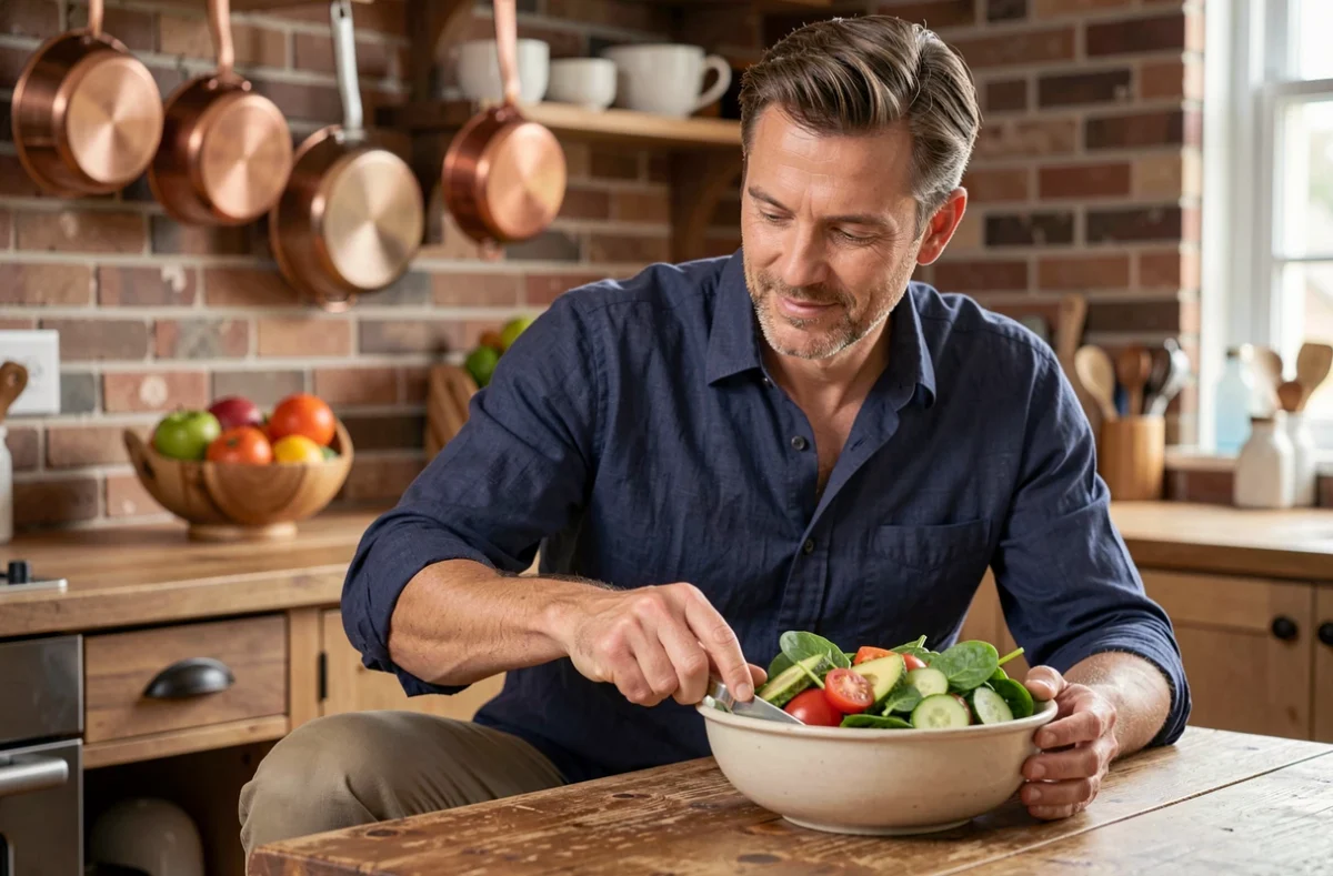 Homme préparant une salade fraîche et colorée dans une cuisine rustique, symbolisant une alimentation saine et équilibrée au quotidien
