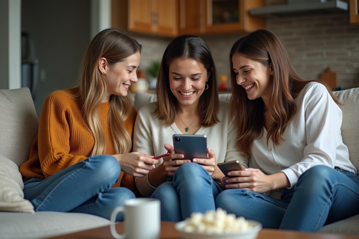 Trois amis riant et échangeant sur un canapé moderne