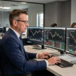 Analyste financier concentré devant plusieurs écrans affichant des graphiques boursiers en temps réel dans un bureau moderne