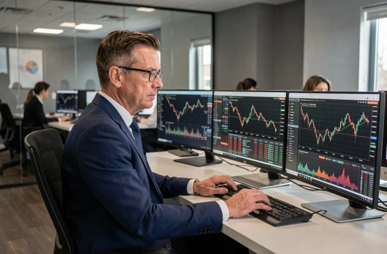 Analyste financier concentré devant plusieurs écrans affichant des graphiques boursiers en temps réel dans un bureau moderne
