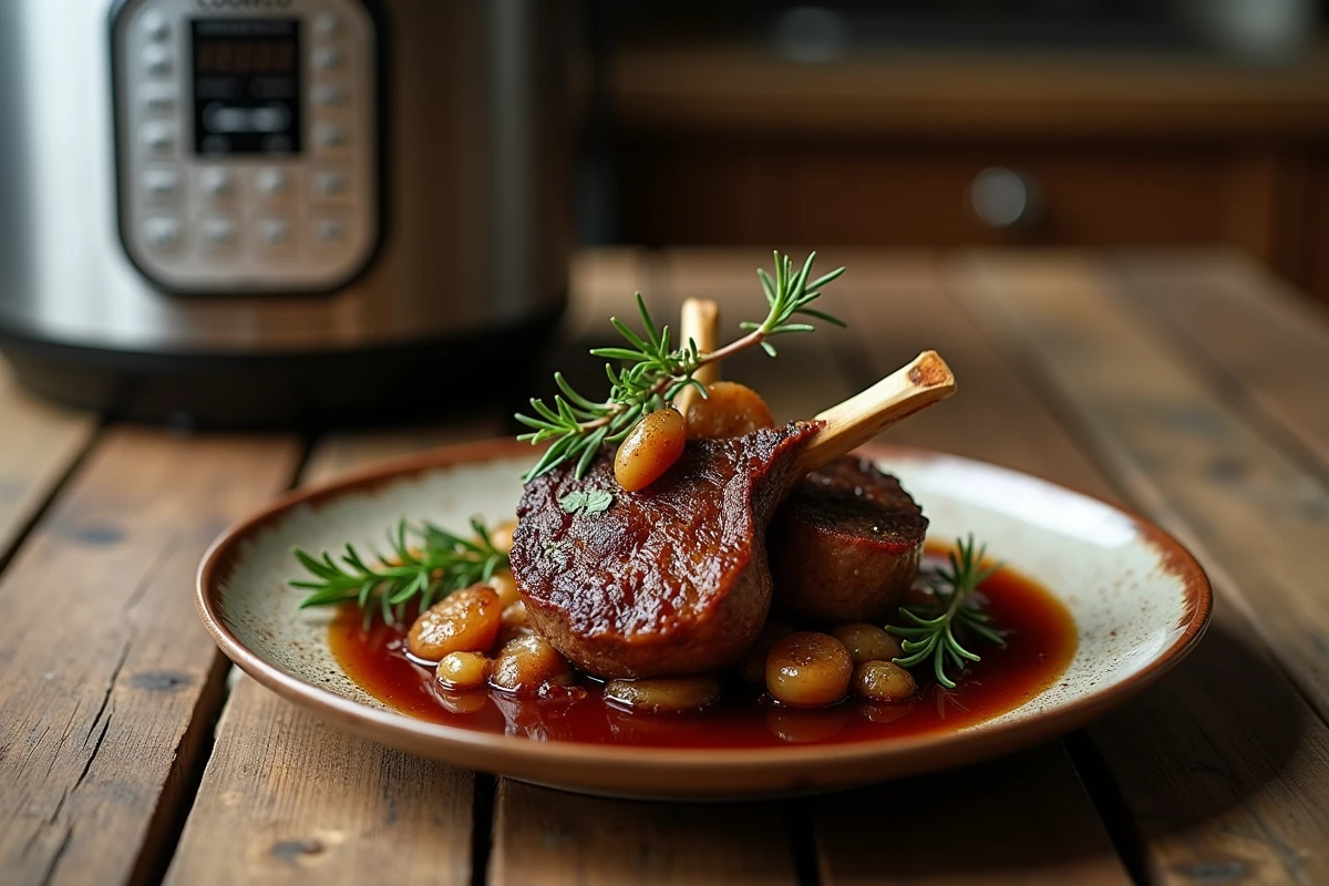 Assiette de côtes d'agneau mijotées au Cookeo, dressage élégant avec jus et herbes fraîches