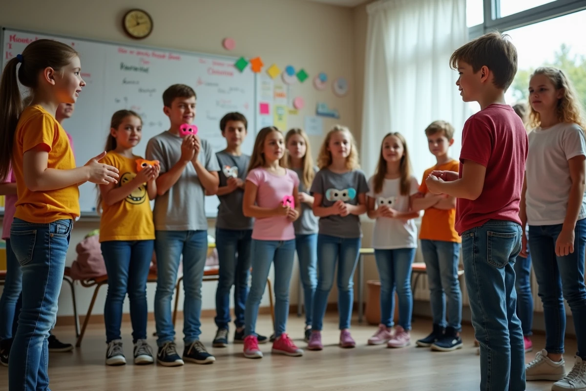 Enfants en atelier de theatre dans une classe lumineuse