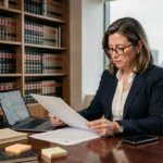 Avocate d'entreprise analysant des documents juridiques dans un bureau corporatif moderne en 2024