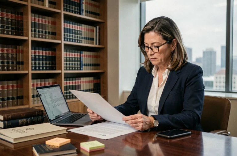 Avocate d'entreprise analysant des documents juridiques dans un bureau corporatif moderne en 2024