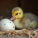 Bébé oie nouvellement éclos avec duvet jaune-gris reposant près d'un œuf dans un nid de paille rustique dans une ferme traditionnelle