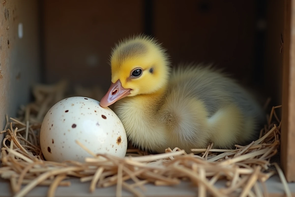 Bébé oie nouvellement éclos avec duvet jaune-gris reposant près d'un œuf dans un nid de paille rustique dans une ferme traditionnelle