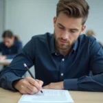 Jeune homme concentré en train de passer un test psychotechnique dans un centre d'évaluation professionnelle SNCF