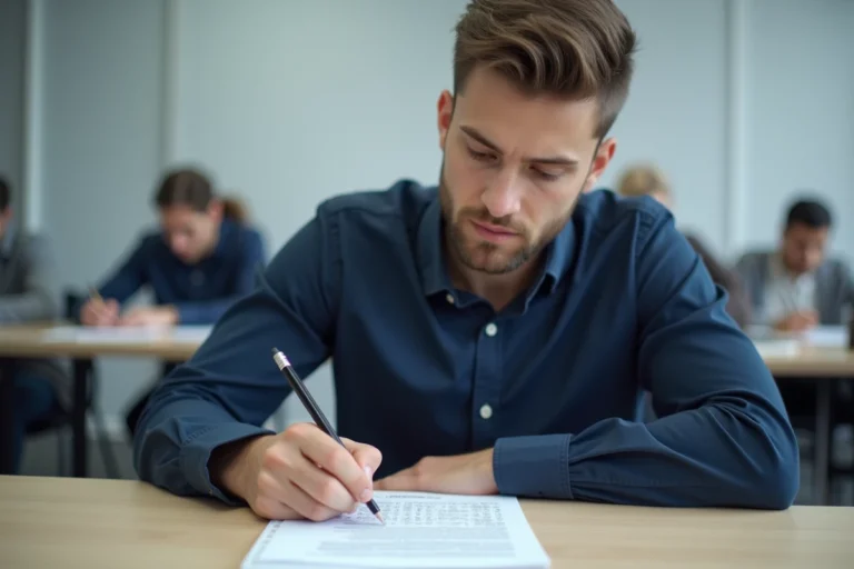 Jeune homme concentré en train de passer un test psychotechnique dans un centre d'évaluation professionnelle SNCF