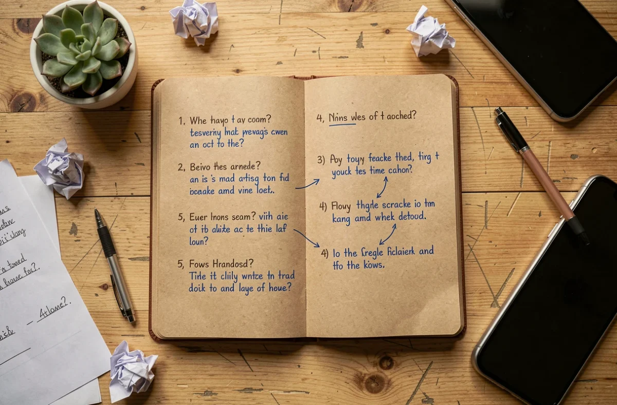 Vue aérienne d'un carnet avec les 5 niveaux de questions de la méthode des 5 pourquoi écrits à la main sur un bureau en bois