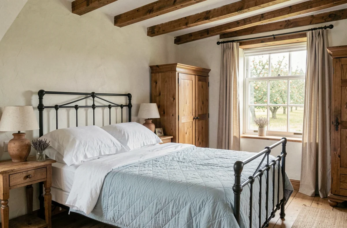 Chambre d'hôtes normande authentique avec poutres apparentes, lit en fer forgé et linge blanc immaculé, donnant sur un verger de pommiers par une fenêtre à petits carreaux