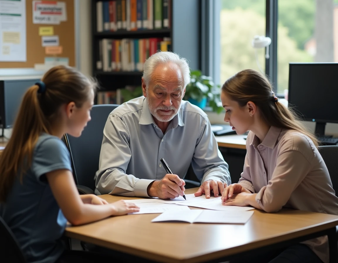 Conseiller scolaire expliquant les démarches d'aide financière CAF pour un voyage scolaire à une mère et sa fille