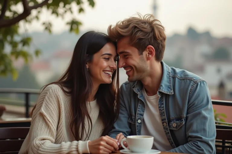Jeune couple à Istanbul partageant un sourire en terrasse