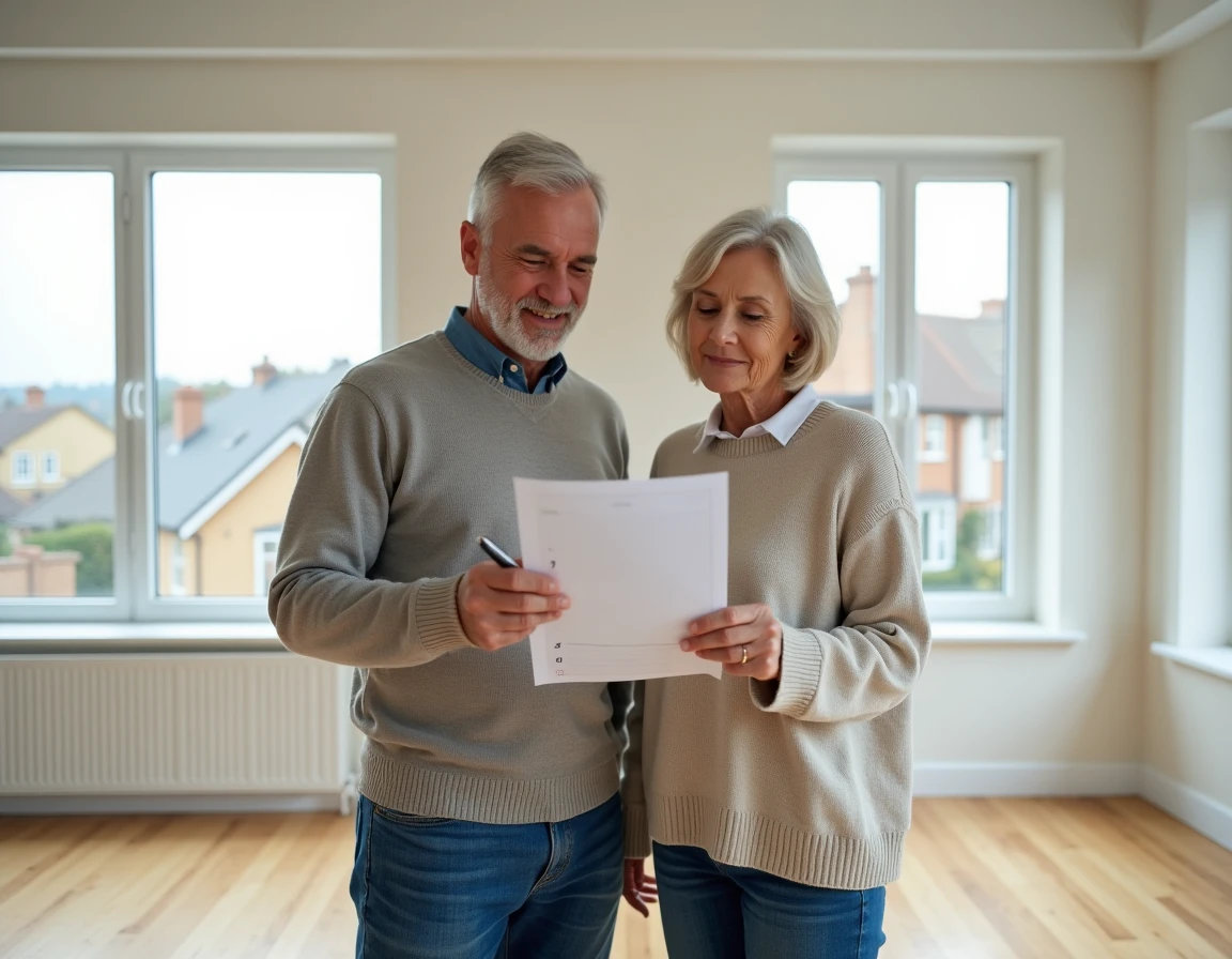 Couple vérifiant la liste des objets à laisser lors de la remise des clés d'une maison vendue dans un salon vide