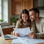 Couple de particuliers examinant des annonces immobilières sur un ordinateur portable pour réaliser un échange de maison