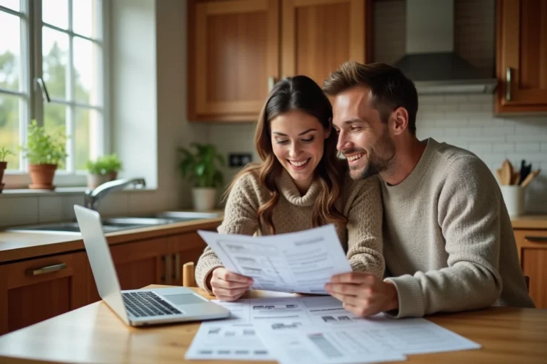 Couple de particuliers examinant des annonces immobilières sur un ordinateur portable pour réaliser un échange de maison