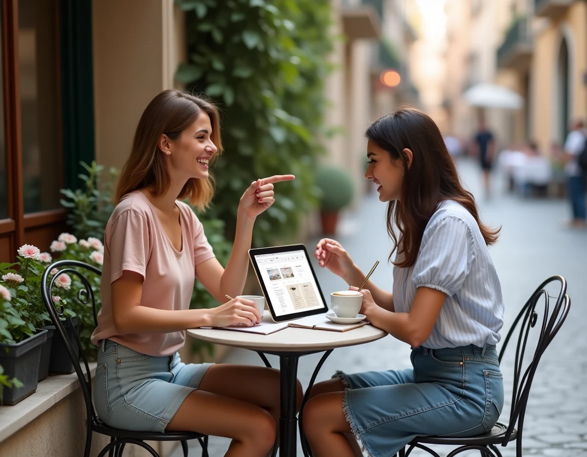 Couple de voyageurs planifiant leur itinéraire en consultant un sitemap sur tablette dans un café en terrasse