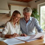 Couple étudiant les documents de vente de leur résidence secondaire dans une maison de style méditerranéen