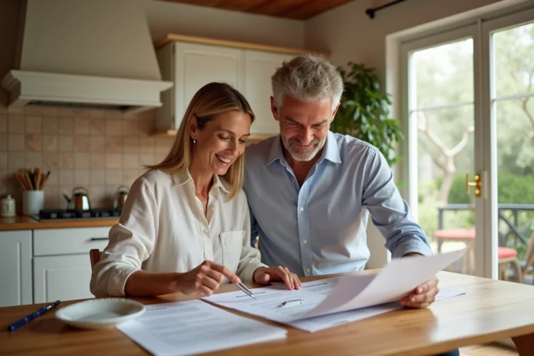 Couple étudiant les documents de vente de leur résidence secondaire dans une maison de style méditerranéen