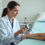 Dermatologue examinant un grain de beauté sur le bras d'un patient avec un dermatoscope en cabinet médical