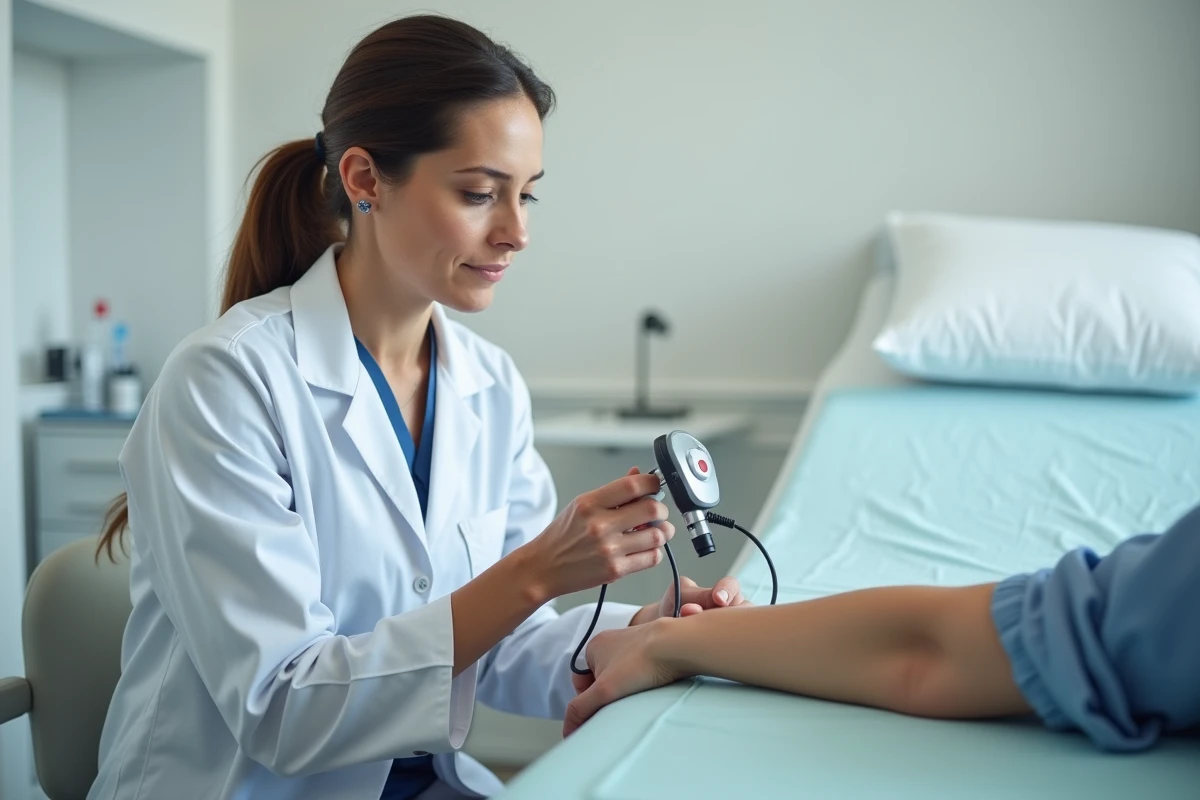 Dermatologue examinant un grain de beauté sur le bras d'un patient avec un dermatoscope en cabinet médical