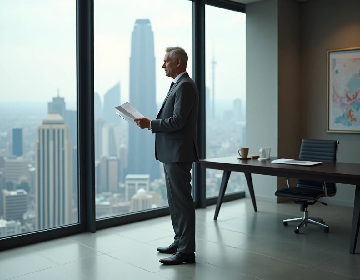 Dirigeant d'entreprise tenant un rapport de transformation organisationnelle devant une fenêtre avec vue sur la ville