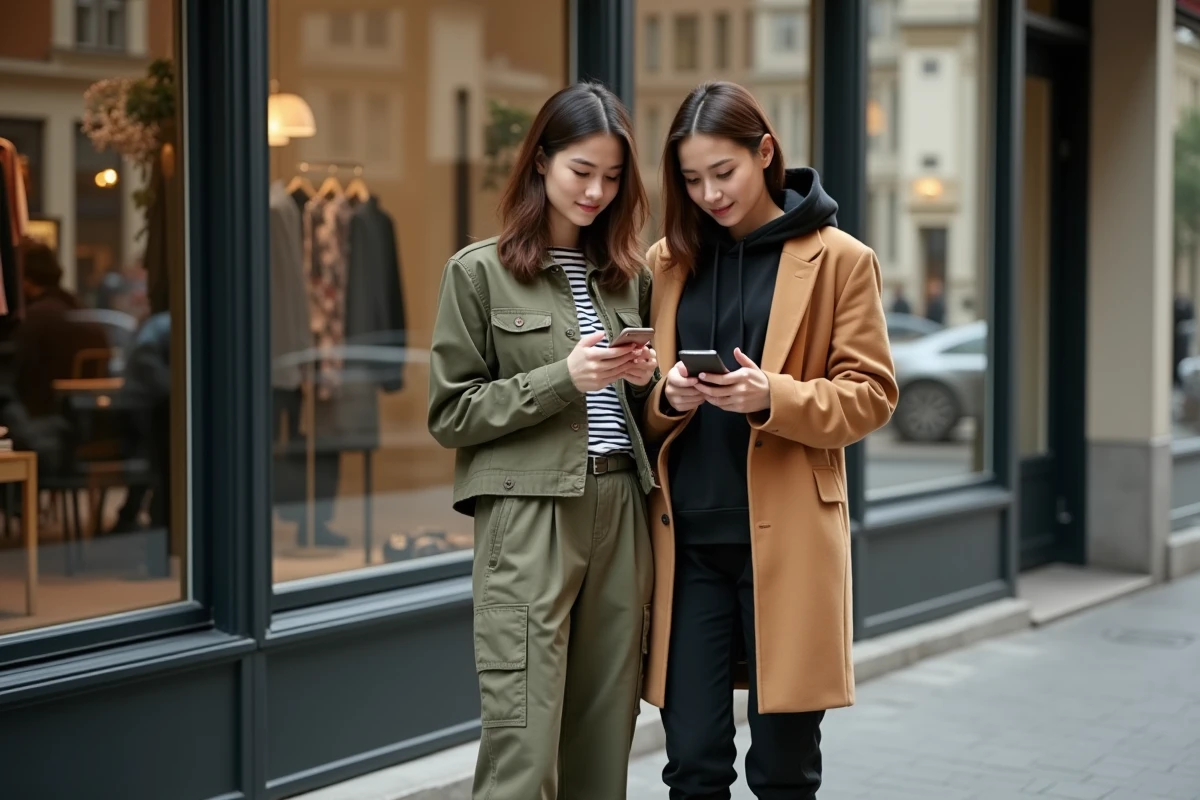Deux amis en tenues urbaines tendance devant une vitrine de concept store, style streetwear et look quotidien stylé
