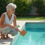 Femme comparant des échantillons de couleurs près d'une piscine moderne