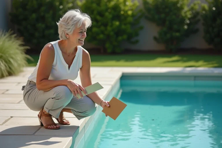 Femme comparant des échantillons de couleurs près d'une piscine moderne