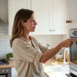 Femme expliquant les appareils électroménagers intégrés à laisser lors de la vente d'une maison dans une cuisine moderne