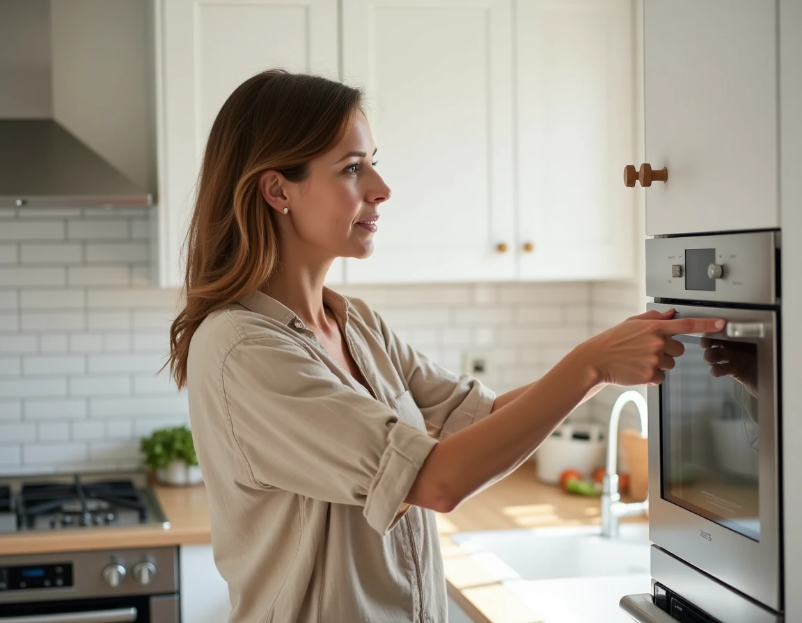 Femme expliquant les appareils électroménagers intégrés à laisser lors de la vente d'une maison dans une cuisine moderne