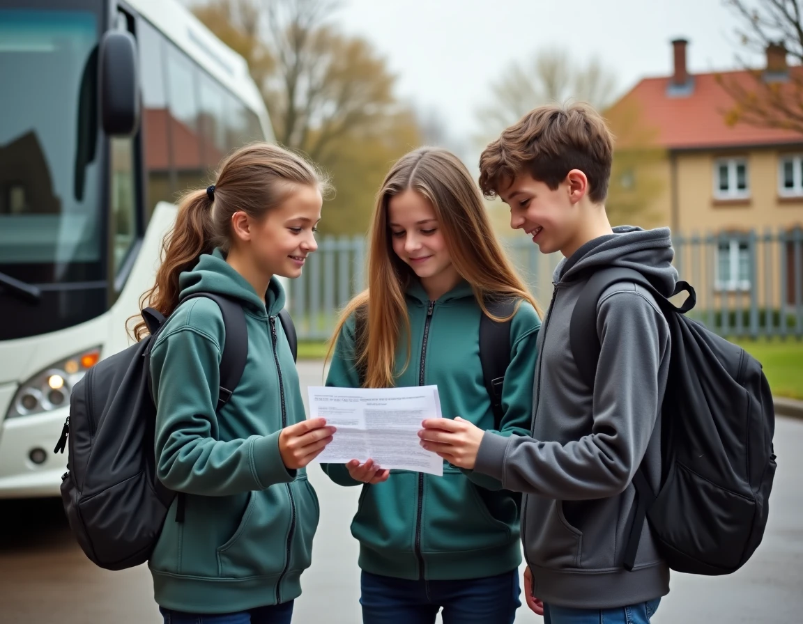 Groupe d'élèves adolescents devant un car scolaire prêts à partir en voyage scolaire financé en partie par la CAF