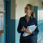 Enseignante dans un couloir scolaire tenant des documents administratifs liés à la fin du pacte enseignant en 2026