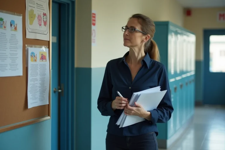 Enseignante dans un couloir scolaire tenant des documents administratifs liés à la fin du pacte enseignant en 2026