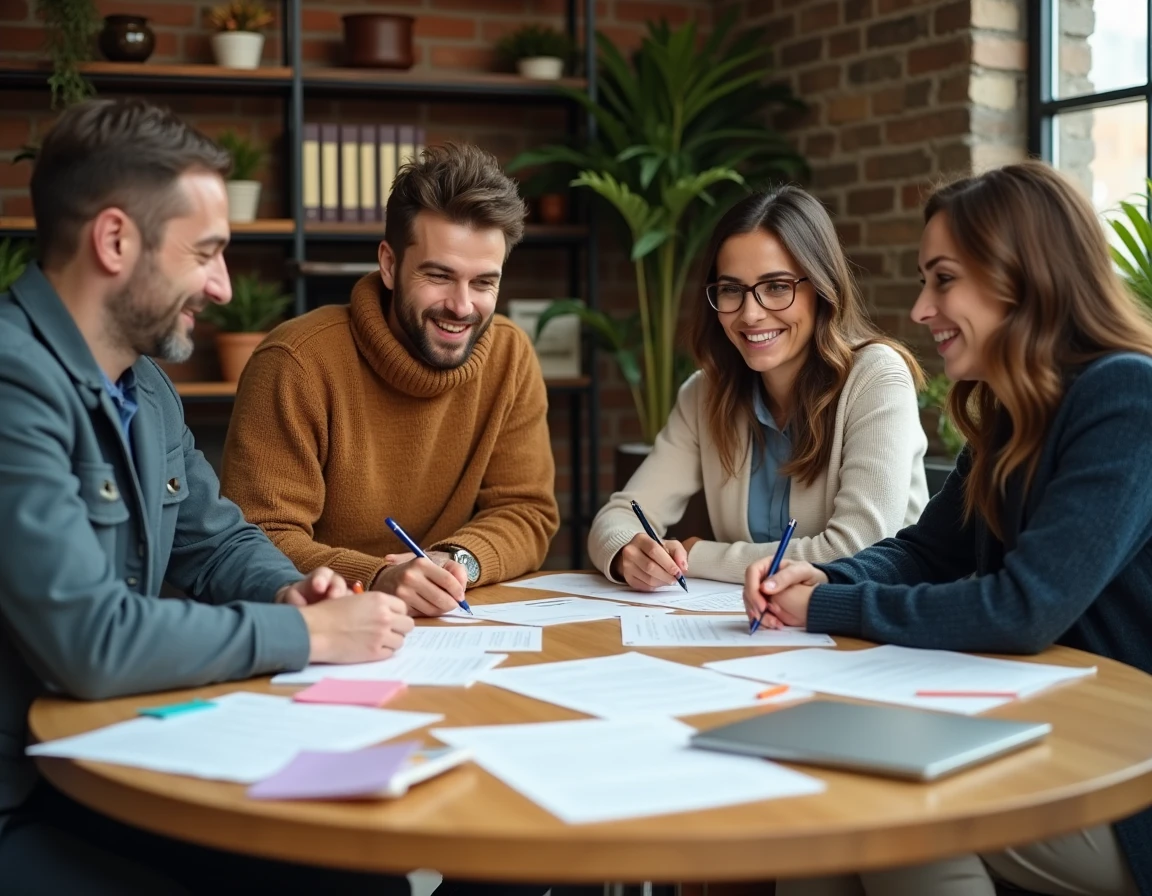 Équipe professionnelle en atelier de conduite du changement autour d'une table avec documents et post-it