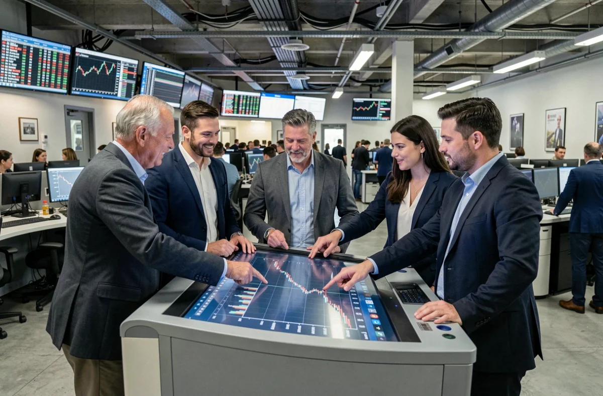 Groupe de professionnels de la finance analysant des données boursières en temps réel autour d'un terminal de trading dans une salle des marchés