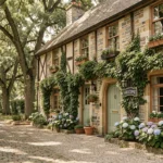 Façade en pierre d'une maison d'hôtes normande authentique entourée d'hortensias et de glycines, avec une porte d'entrée en bois peinte en vert sauge sur une ruelle pavée