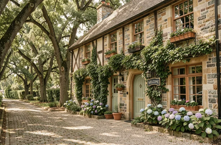 Façade en pierre d'une maison d'hôtes normande authentique entourée d'hortensias et de glycines, avec une porte d'entrée en bois peinte en vert sauge sur une ruelle pavée