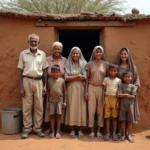Famille rurale multigenerations devant maison en terre