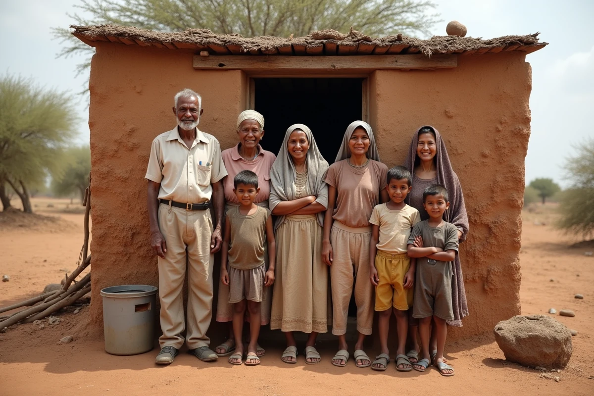 Famille rurale multigenerations devant maison en terre