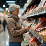 Femme inspectant des barres de chocolat en magasin