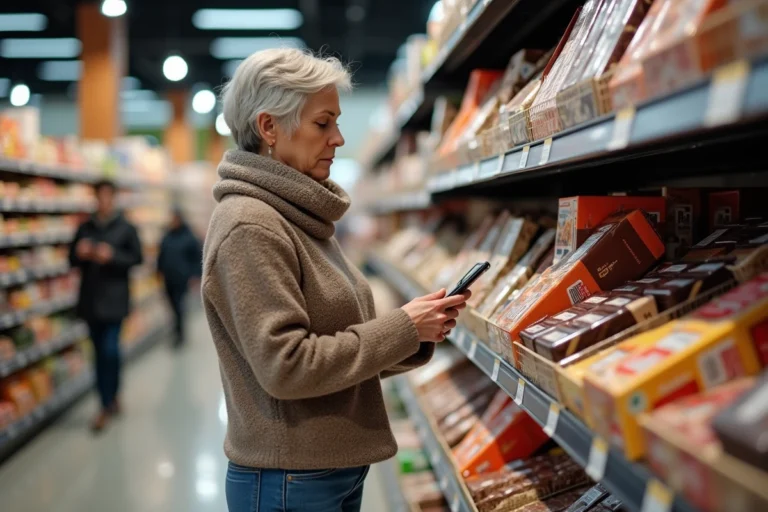 Femme inspectant des barres de chocolat en magasin
