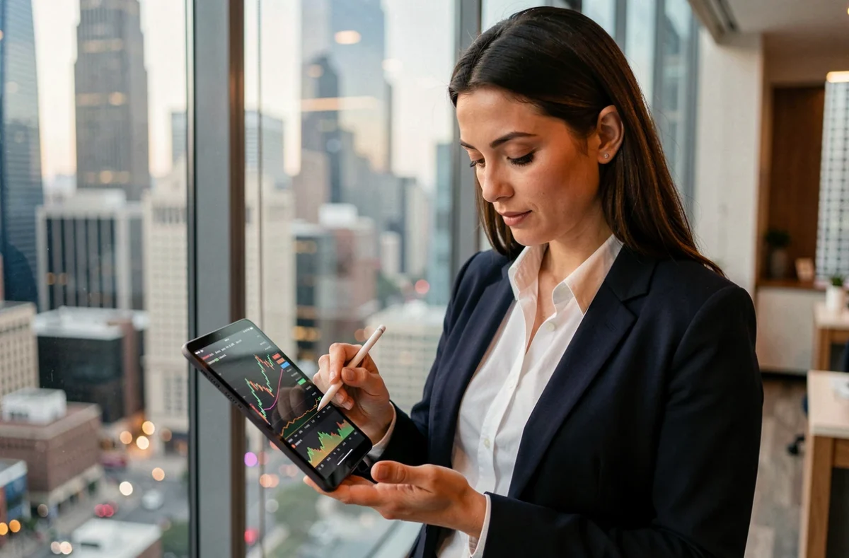 Femme analyste consultant des tendances boursières sur tablette devant une vue panoramique urbaine dans un bureau en hauteur