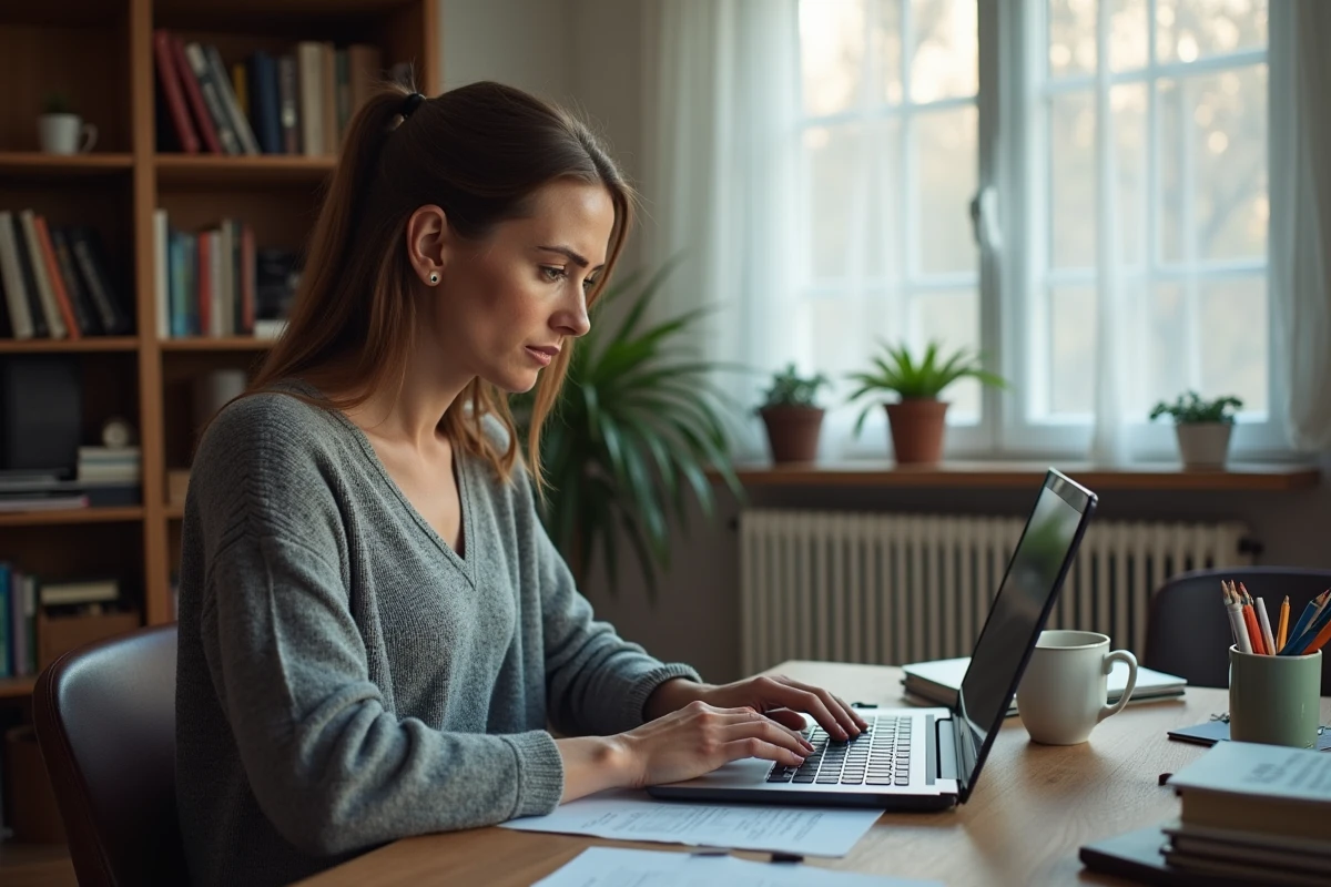 Femme inquiète lisant un avertissement de France Travail sur son ordinateur à domicile