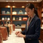 Femme élégante examinant sacs et parfums dans une boutique de luxe