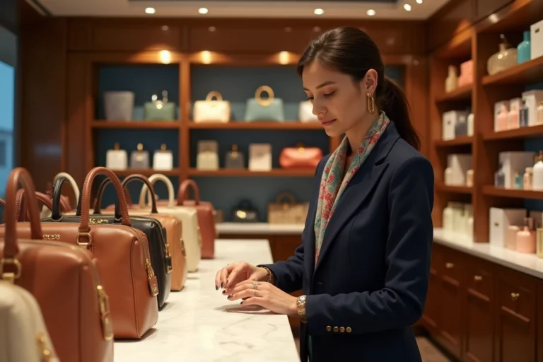 Femme élégante examinant sacs et parfums dans une boutique de luxe